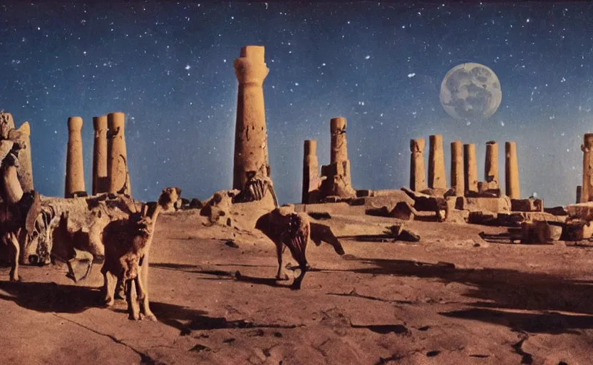 Prompt: a 1 9 5 0's technicolor cinematic scene of egyptian gods with animal heads, having a ceremony in a moonlit temple in karnak