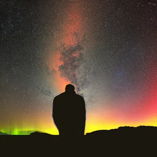 Image similar to 4K Epic Ultra HD detailed award-winning wallpaper silhouette of lonely man standing on rock looking at huge vast sky universe Milky Way aurora