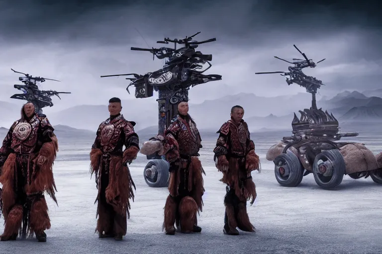 Image similar to vfx film closeup, futuristic mongolian biker warriors, sci - fi mongolian village, robot stand - off, flat color profile low - key lighting award winning photography arri alexa cinematography, hyper real photorealistic cinematic, atmospheric cool colorgrade