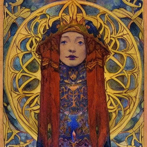 Image similar to the lantern crown, by Annie Swynnerton!!!! and Nicholas Roerich and (Edmund Dulac), embroidered brocade, tattoos, elaborate costume, geometric ornament, symbolist, rich colors, dramatic lighting, smooth, sharp focus, extremely detailed