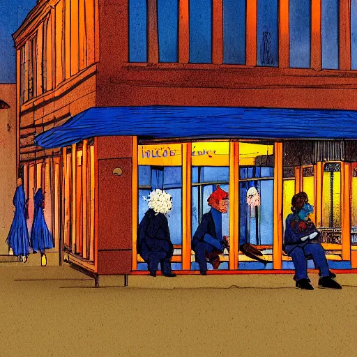 Image similar to a some people waiting in a lone bus stop in quiet dark city night by dr. seuss, high quality, high resolution,detailed