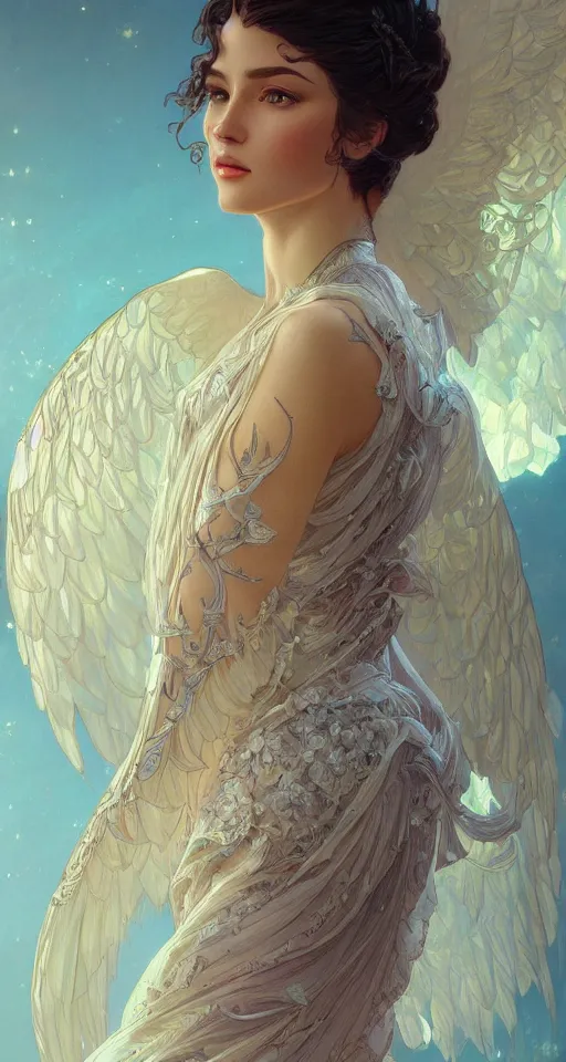 Prompt: beautiful young woman vaporwave aesthetic, synthwave, intricate, elegant, highly detailed, digital painting, wearing long gown, angelic wings, artstation, concept art, smooth, sharp focus, illustration, art by artgerm and greg rutkowski and alphonse mucha