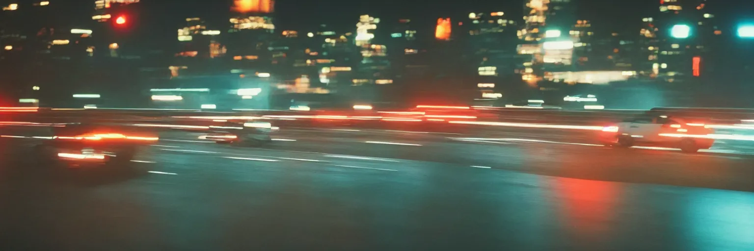 Image similar to 8 0 s neon movie still, high speed car chase on the highway with city in background, slow shutter speed, medium format color photography, movie directed by kar wai wong, hyperrealistic, photorealistic, high definition, highly detailed, tehnicolor, anamorphic lens