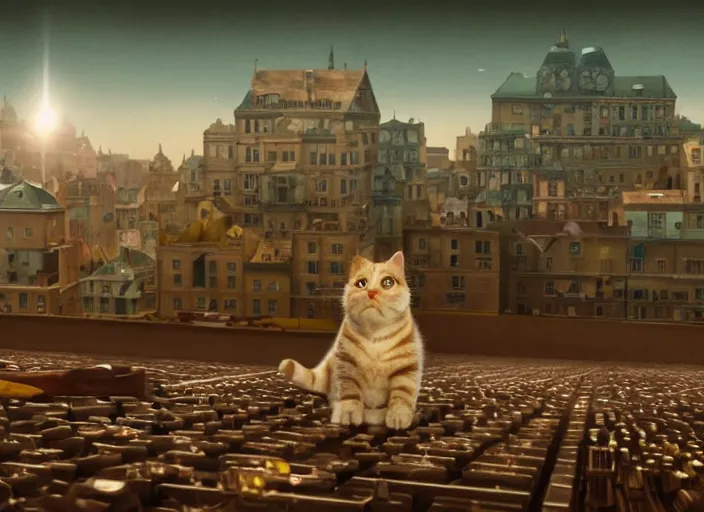 Image similar to A very high resolution image from a new movie, stop motion, about a cat from a musical to a digital space opera, Animated film, volumetric lighting, octane render, directed by wes anderson, Vladimir kush, m.c. Escher, Peter morchaber