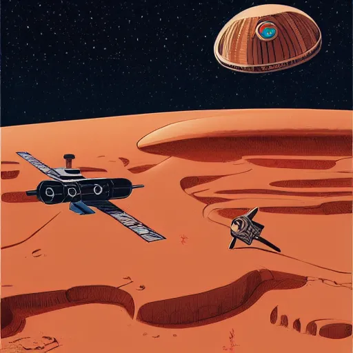 Image similar to very detailed, ilya kuvshinov, mcbess, rutkowski, illustration of a space station orbiting a desert planet