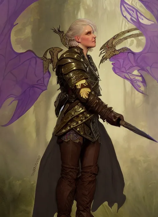 Prompt: a gender neutral hobbit wearing leather armour and a purple smoking jacket, short brown hair. golden wings. fantasy concept art. moody epic painting by james gurney, and alphonso mucha. artstationhq. painting with vivid color. ( dragon age, witcher 3, arcane, lotr )