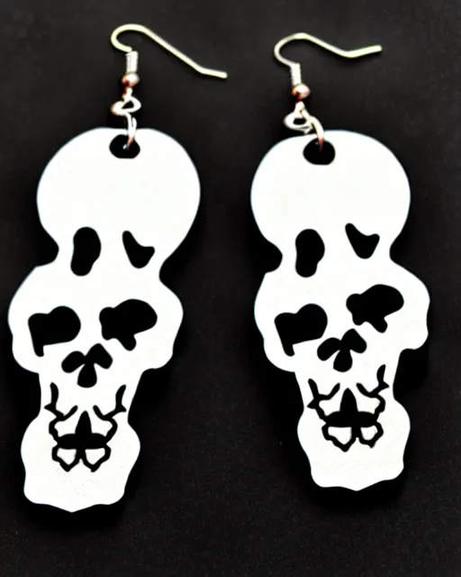 Prompt: spooky cartoon skull, 2 d lasercut earrings, in the style of tim burton