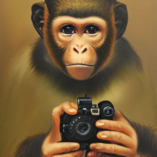 Prompt: portrait of a monkey holding a camera in his hand, oil painting