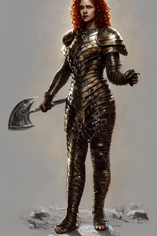 Image similar to full body portrait of a rugged female warrior short length red curly hair and a very highly detailed face wearing elegant obsidian, sliver and gold plate mail armor intricately painted, holding an ancient two hand great sword, very highly detailed, artstation, cgsociety, realistic character concept art, sharp focus, by greg rutkowski, artgerm, and alphonse mucha