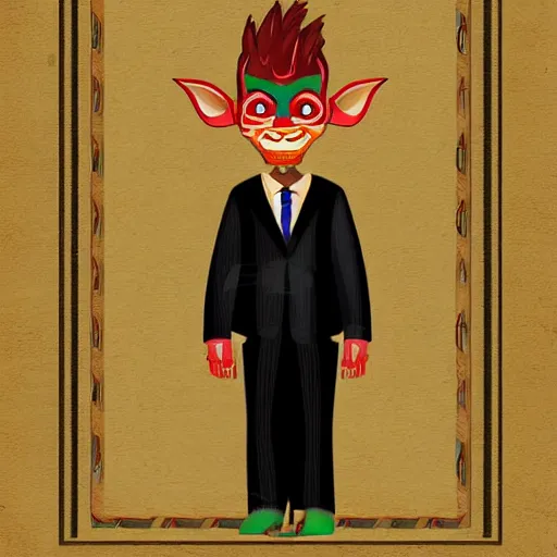 Prompt: charismatic goblin with little smile in suit, art on papyrus, symmetrical