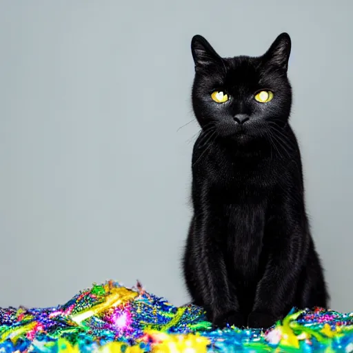 Image similar to a high - quality photo of a black cat sprinkled with ( ( rainbow ) ) glitter, highly detailed, in - frame, sharpened, sparkly