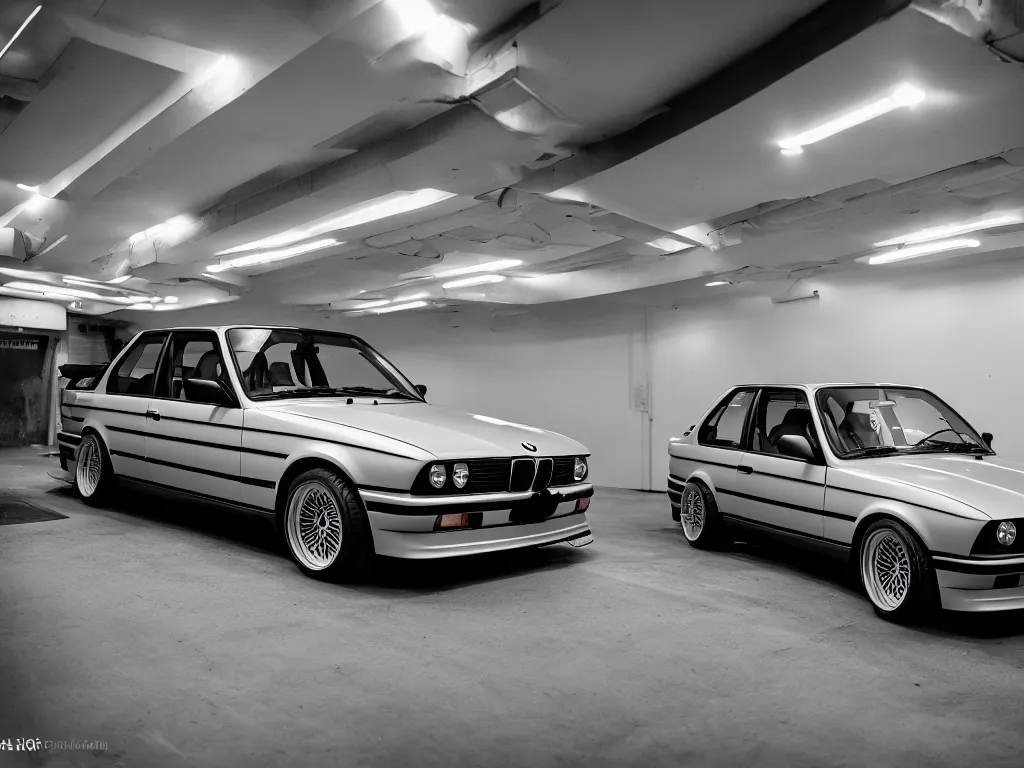 Image similar to a modified bmw e 3 0 with lights on in a futuristic neon parking garage, 3 5 mm photography, car photography, clean lines, realistic