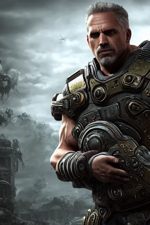 Image similar to Jordan B. Peterson as a muscular Gears of War character, photorealism, half body, HDR ambient background, unreal engine 5, hyperrealistic, highly detailed, XF IQ4, 150MP, 50mm, F1.4, ISO 200, 1/160s, cinematic lights, Adobe Lightroom, photolab, Affinity Photo, PhotoDirector 365, realistic