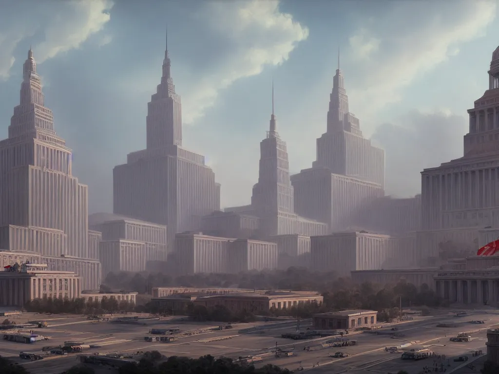 Prompt: landscape matte painting by fan wennan. communist american future capitol shining in the sun after the triumph of socialism in america, highly detailed, artstation, 8 k, photorealistic, hyperrealism, grounded rectangular communist governmental architecture, statue, imposing, strength, abundance. american communist party. america 2 0 9 8