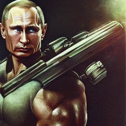 Image similar to A very muscular Vladimir Putin with a futuristic weapon in his hands, against the background of fighting against aliens, detailed style, super quality.