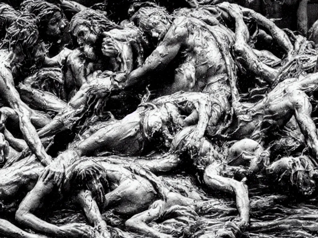 Image similar to the raft of the medusa as a body horror film, Cronenberg, Rick Baker, dramatic film still, daylight, photo real, extremely detailed, wet, slimy, Eastman EXR 50D 5245/7245