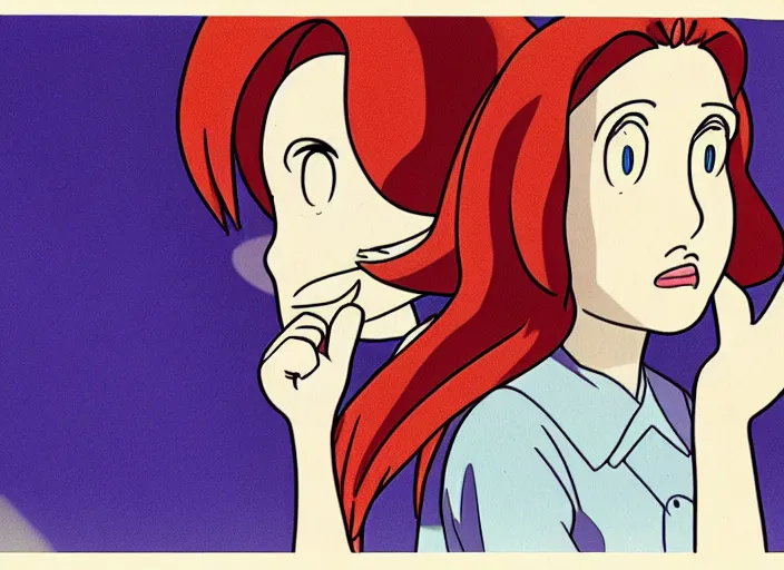 Image similar to dana scully, in the style of studio ghibli, traditional animation, sharp detail, animation cel