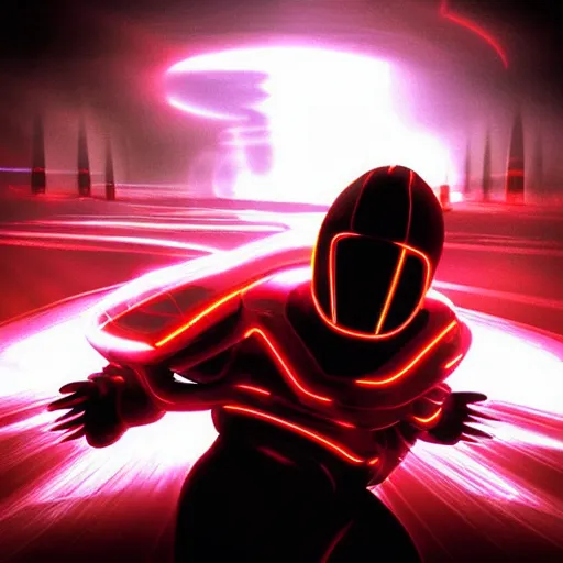 Prompt: “End of days scene in the style of Tron with bright colours and dramatic lighting in high quality and detail”