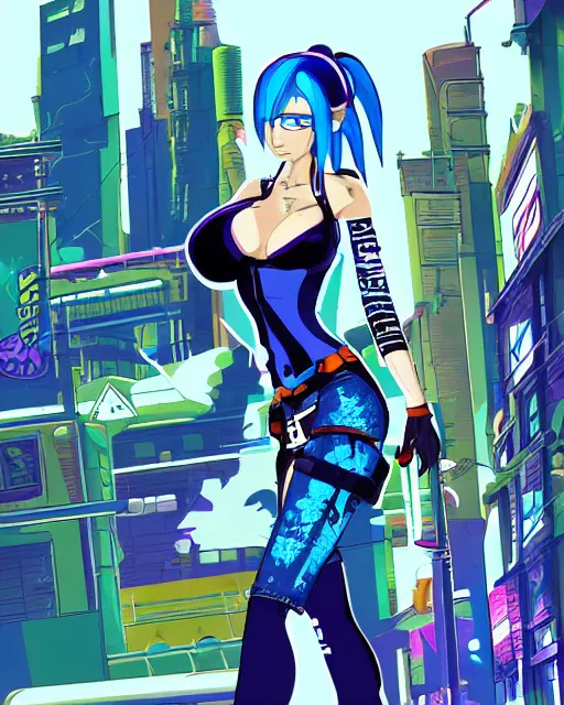 Image similar to cel shaded art of a pretty blue haired girl, jet grind radio graphics, cyberpunk city street background