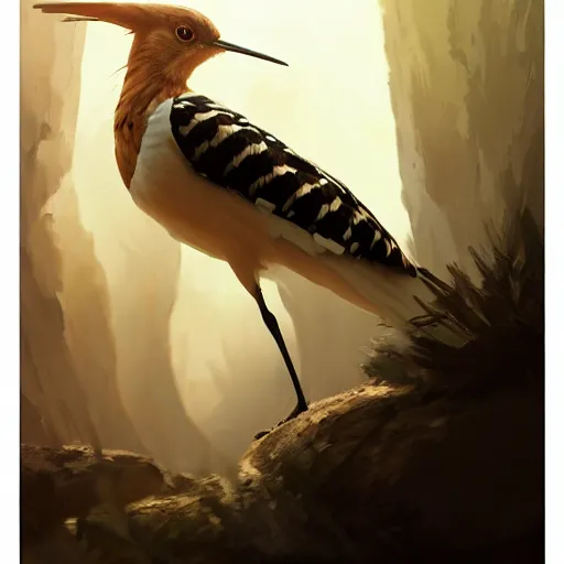 Image similar to hoopoe in avila pinewood, 4 k, concept art, by wlop, ilya kuvshinov, artgerm, krenz cushart, greg rutkowski, pixiv. cinematic dramatic atmosphere, sharp focus, volumetric lighting, cinematic lighting, studio quality