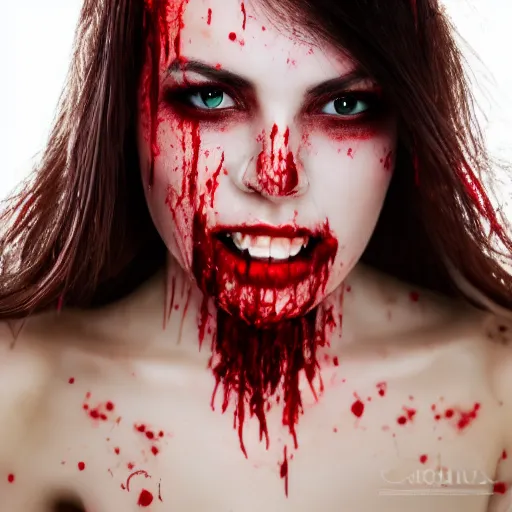 Image similar to professional headshot of an elegant female vampire with droplets of blood splattered across her face. high resolution, realistic, professional lighting, nikon camera, 8 k, imdb. com