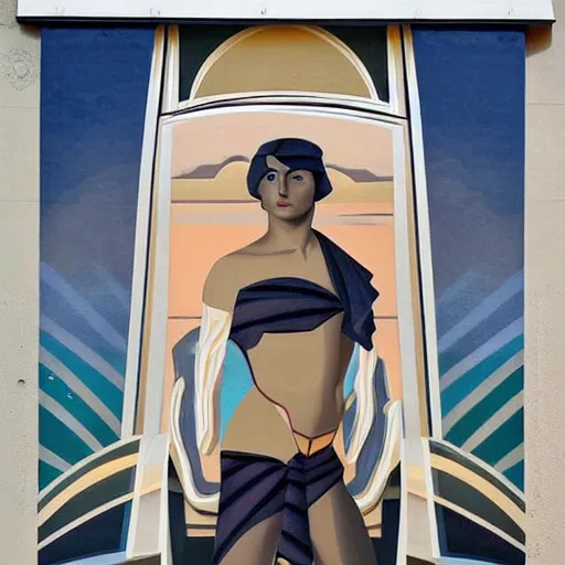 Prompt: a beautiful art deco mural, symmetrical, male beauty theme