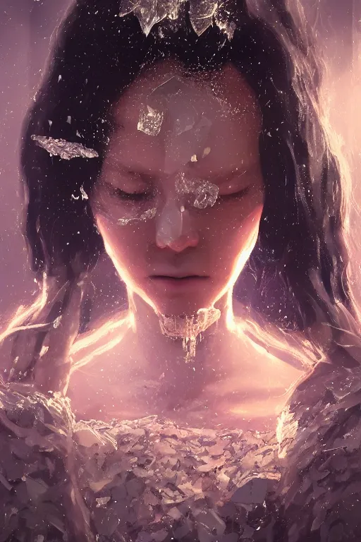 Image similar to A fancy portrait of a women with a crystal covered face by Greg Rutkowski, beeple, Sung Choi, Mitchell Mohrhauser, Maciej Kuciara, Johnson Ting, Maxim Verehin, Peter Konig, final fantasy, macro lens, 35mm, 8k photorealistic, cinematic lighting, HD, high details, dramatic, dark atmosphere, trending on artstation