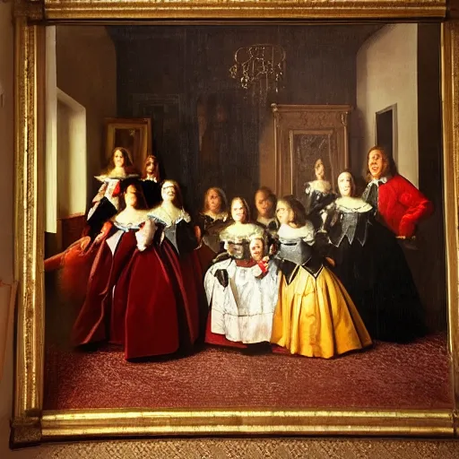 Image similar to oil canva family portrait in the main room of the castle painted in 1 6 5 6, dark room, one point of light coming through the window inspired by las meninas, spaces between subjects and good detail and realistic face form for each person in the canva, inspired by diego velasquez better quiality
