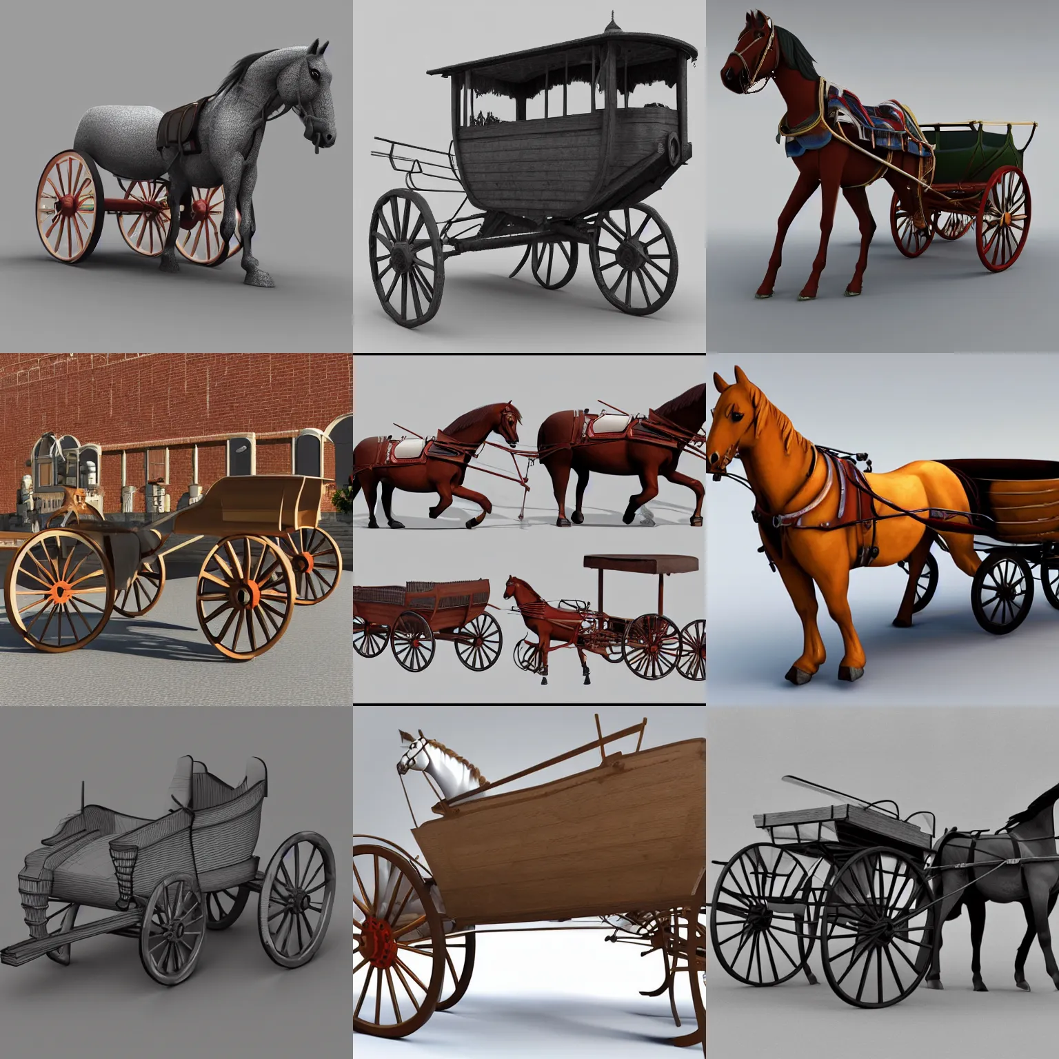 Prompt: Amazing 3D model of a horse and cart from all angles with detailed shading.