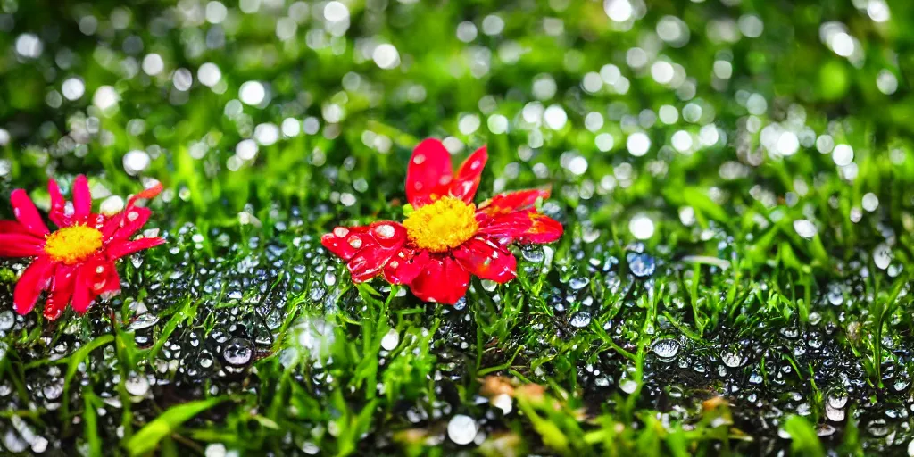 Prompt: A beautiful and colorful flower in the middle of a green and beautiful garden where water drops shine on the grass and the sun shines gently on the leaves of the tree in the garden, professional photography