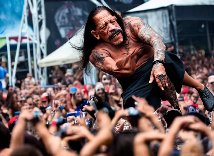 Image similar to photo still of danny trejo at vans warped tour!!!!!!!! at age 6 3 years old 6 3 years of age!!!!!!! stage diving at a crowd, 8 k, 8 5 mm f 1. 8, studio lighting, rim light, right side key light