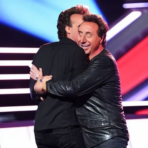 Prompt: marco borsato hugging young star on stage at the voice