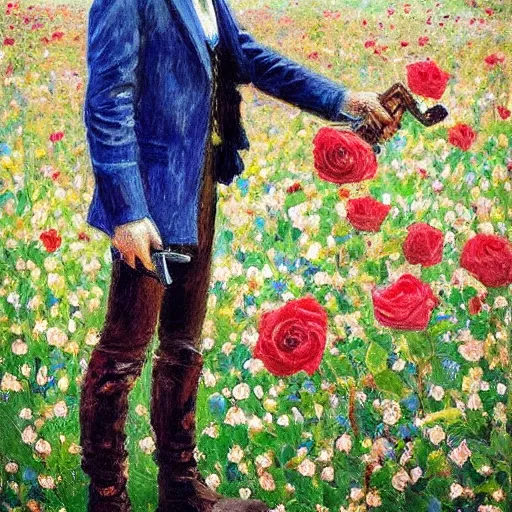 Image similar to an impressionist painting of a tall man with blue eyes and brown hair that is wearing a wide brim leather hat and a leather vest. He is holding a revolver in his left hand and a ((((red rose is in his right hand))))!!!!!!!!!!!, He is standing in a field of roses, Blue sky in the background, trending on artstation