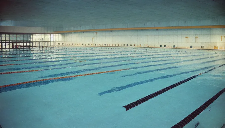 Image similar to 60s movie still of a sovietic stalinist style empty Olympic swimming poil with tiles, cinestill 800t 50mm eastmancolor, liminal Space style, heavy grain-s 150