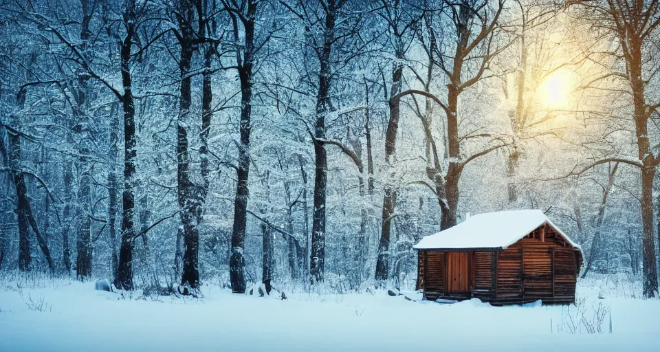 Prompt: a detailed wooden hut at a clearing in the woods, snowy, light inside the hut, realistic, epic composition, epic lighting, 4 k