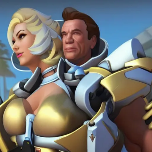 Image similar to a screenshot of arnold schwarzenegger as mercy in overwatch, full body shot