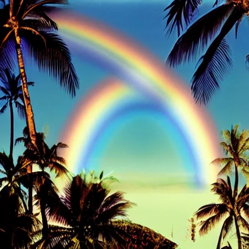 Image similar to miracle musical Hawaii part ii album cover, showing an ocean in the background, spiral transparent stairs on the left with tall palm trees behind it, a slight rainbow in the background, white outline border, moon in the right top area black and white except for the rainbow album cover