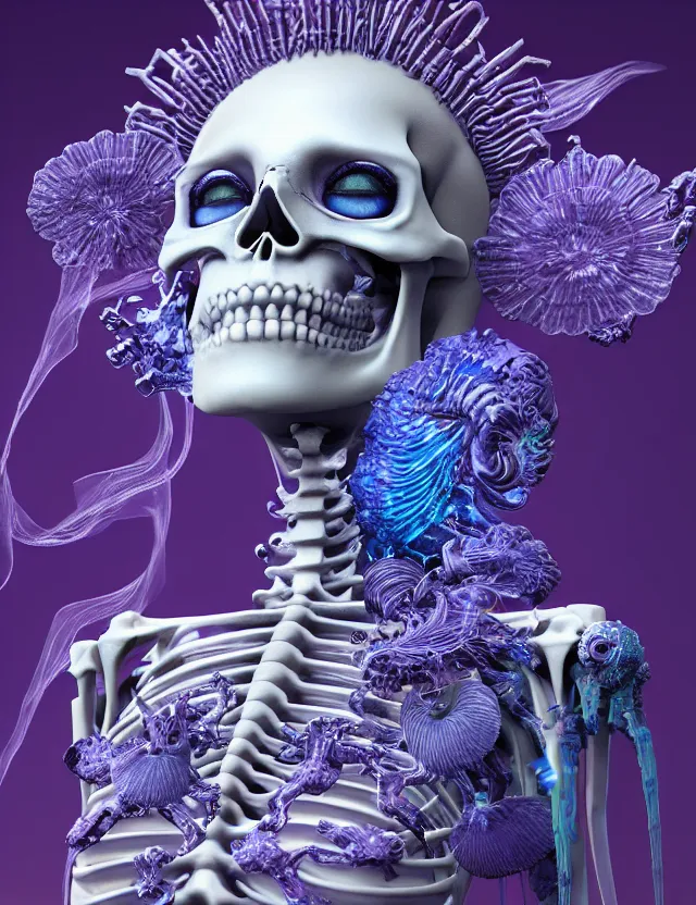 Image similar to 3 d goddess skeleton macro close - up portrait with crown made of ram skull. betta fish, jellyfish phoenix, bioluminiscent, plasma, ice, water, wind, creature, super intricate ornaments artwork by tooth wu and wlop and beeple and greg rutkowski