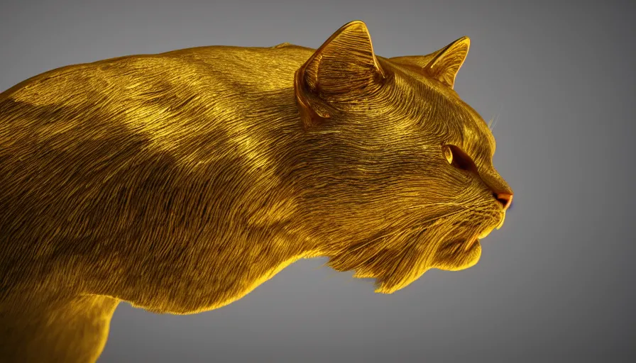 Prompt: Gold shiny cat with black eyes, volumetric light, hyperdetailed, artstation, cgsociety, 8k