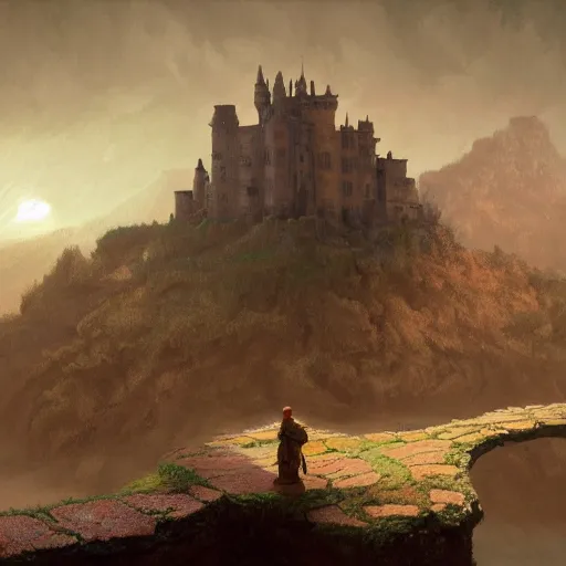 Image similar to the concept artist thinks to himself before he writes dozens of hived hexagonal frog kappa bee fat guys in the castle keep glorious cliff moat with the crescent moon rippling above. Craig Mullins, Dylan Cole, Liang Mark, Darek Zabrocki, Finnian MacManus, Sung Choi, Ruan jia, Albert Bierstadt Greg Rutkowski, Cinematic Keyframe Environmental & Architectural Design Concept Art, Trending on ArtStation?