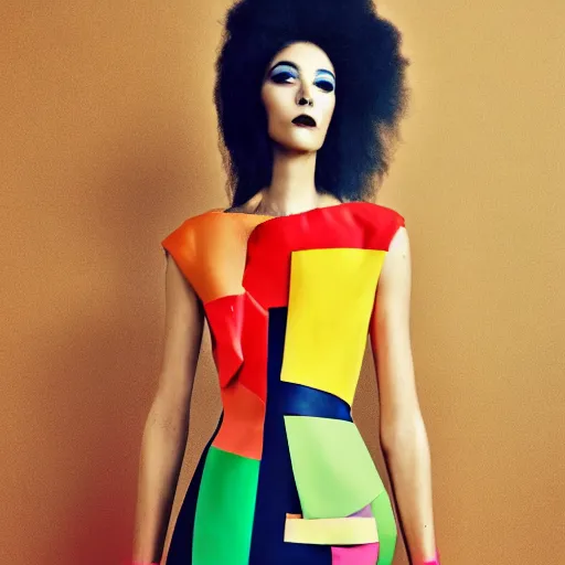 Image similar to a model dressed in an avant garde colorful haute couture dress, angular minimalism, vogue full color editorial photo, sharp focus dynamic light