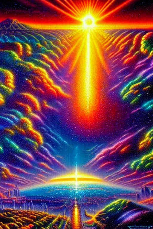 Prompt: a photorealistic detailed image of a beautiful vibrant iridescent future for human evolution, spiritual science, holographic divinity, utopian, by david a. hardy, kinkade, lisa frank, wpa, public works mural, socialist