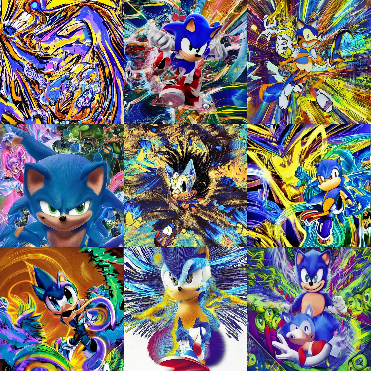 Prompt: sonic the hedgehog in a surreal, sharp, detailed professional, high quality portrait sonic airbrush art MGMT album cover portrait of a liquid dissolving LSD DMT blue sonic the hedgehog surfing through cyberspace, purple checkerboard background, 1990s 1992 Sega Genesis video game album cover