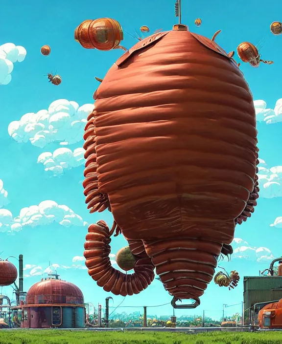 Image similar to inflated industrial plant made from fat isopod lobster octopus, in the style of puffy spaceship, botany, partly cloudy, spooky, dramatic lighting, by geof darrow, bill sienkiewicz, dan mumford, yusuke murata, makoto shinkai, ross tran, cinematic, unreal engine, cel shaded, featured on artstation, pixiv