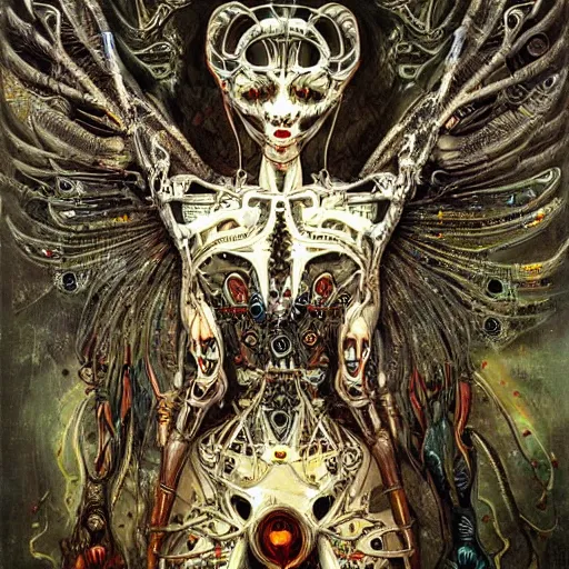 Prompt: winged cybernetic demon trapped in biomechanical circuitry, intricate detail, miro, royo, whealan, klimt,