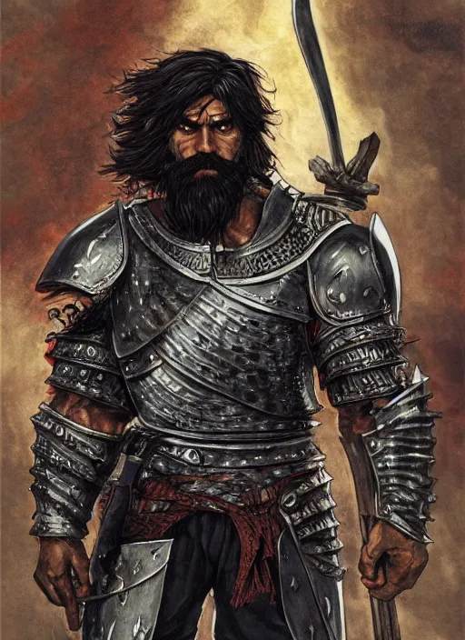 Prompt: painting of badass warrior lord, simple plate armor, muscles, axe, dark skin, messy hair and beard, sharp focus, award - winning, trending on artstation, masterpiece, highly detailed, intricate. art by rebecca guay