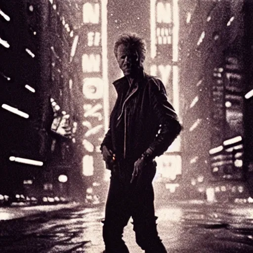 Prompt: potrait by Jimmy Nelson of clint eastwood in blade runner 1982 by Ridley Scott posing on a neon rainy vague street in headlights, movie shot, detailed, by Sergio Leone