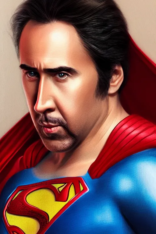 Image similar to Prtrait of Nicolas Cage as superman cinematic lighting, intricate, elegant, highly detailed, digital painting, artstation, painted by Artgerm and Mark Waid and Greg Rutkowski