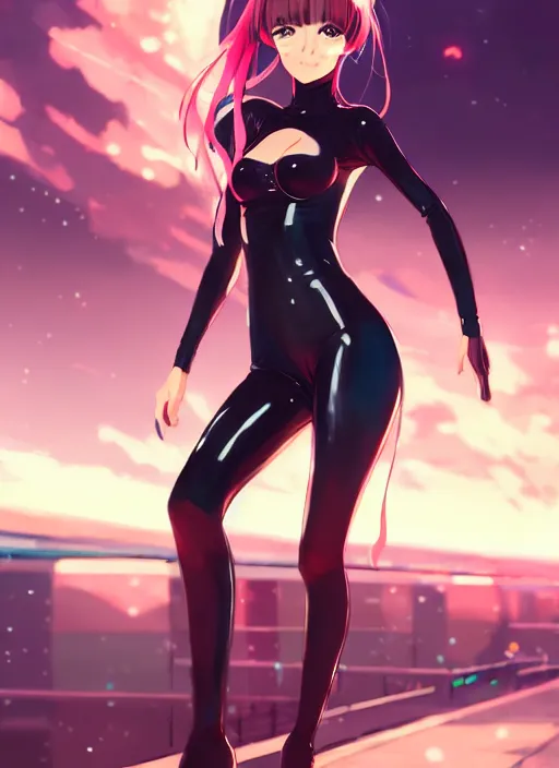 Image similar to portrait of cute girl in latex clothes, night city background illustration concept art anime key visual trending pixiv fanbox by wlop and greg rutkowski and makoto shinkai and studio ghibli and kyoto animation