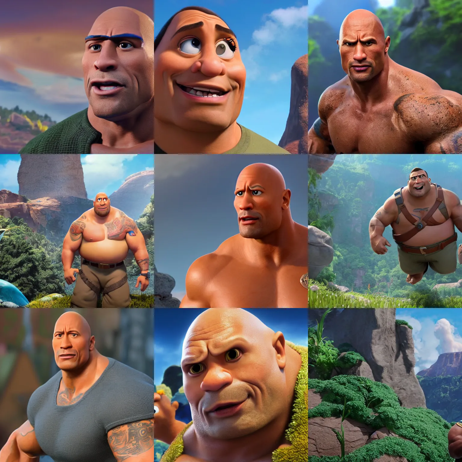 Prompt: dwayne johnson as a pixar disney character from up ( 2 0 0 9 ), unreal engine, octane render, 3 d render, photorealistic